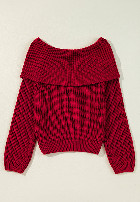 Deep red acrylic off-the-shoulder sweater with a ribbed neckline and long sleeves.