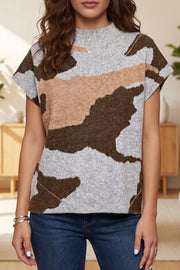 Camouflage Drop Shoulder High Neck Sweater in Gray, close-up detail