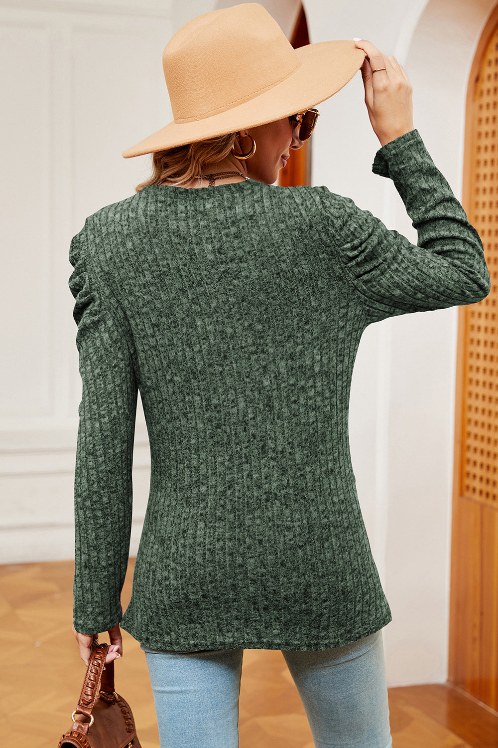 Dark Green textured knit blouse with ruched sleeves and a crew neck.