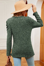 Dark Green textured knit blouse with ruched sleeves and a crew neck.