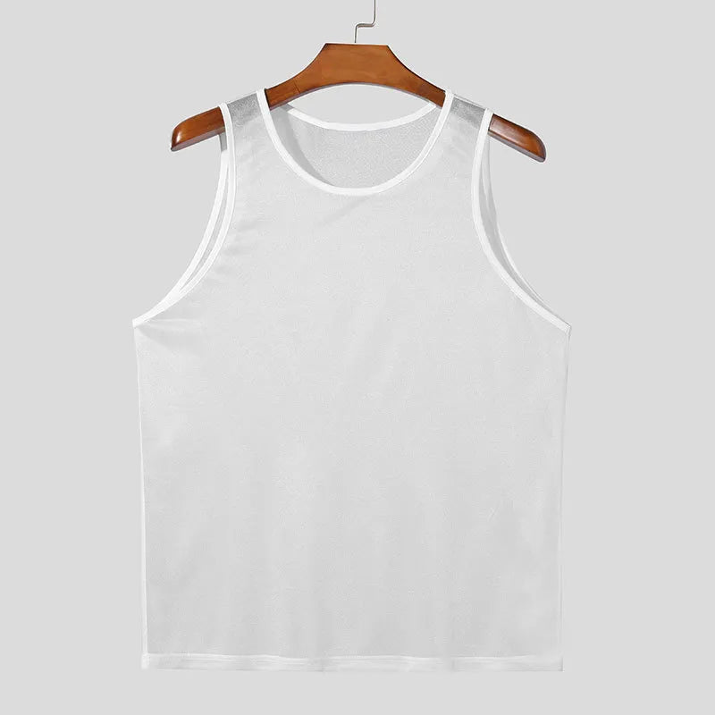 White mesh tank top with round neckline and sleeveless cut.