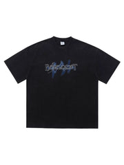 Crew-neck Graphic Oversized Vintage Top in Washed Black, model styling view