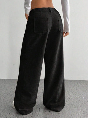 Black corduroy wide-leg utility trousers with back pockets.