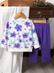 Baby girls' floral print top and purple ribbed pants set with crew neck.
