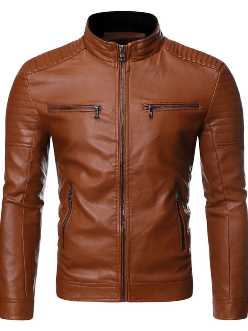 Men's Plus Size Zip Up Motorcycle Jacket in Coffee, front view
