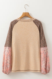 Paisley Puff Sleeve Raglan Tee in Dusty Pink with plaid sleeves and ribbed knit body.