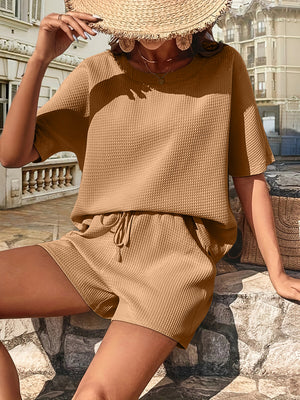 Waffle knit drawstring co-ord set in burgundy, beige, khaki, white, dark blue, caramel, dark green, pink, black, light