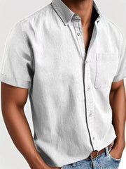 Men's grey casual short sleeve button-down shirt with chest pocket