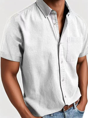 Men's grey casual short sleeve button-down shirt with chest pocket