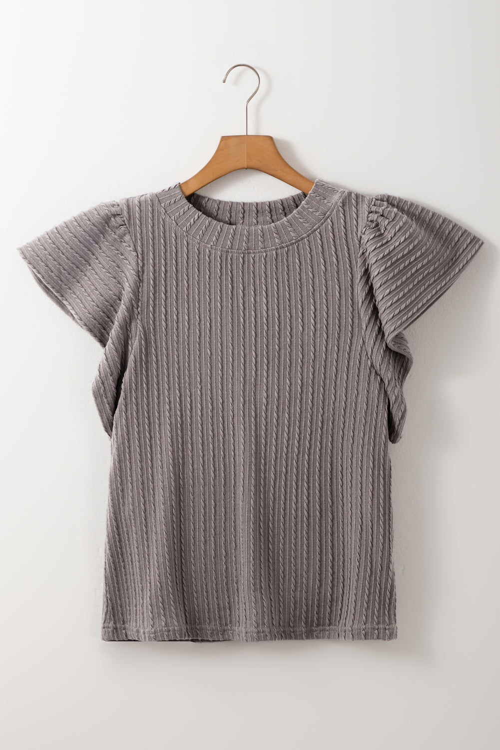 Gray cable knit flutter sleeve top with textured vertical ribbing.