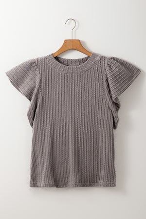Gray cable knit flutter sleeve top with textured vertical ribbing.
