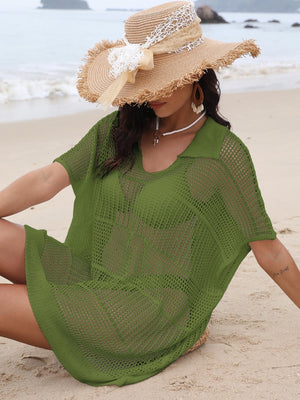 Moss green open-knit polo beach dress with short sleeves and a V-neck.