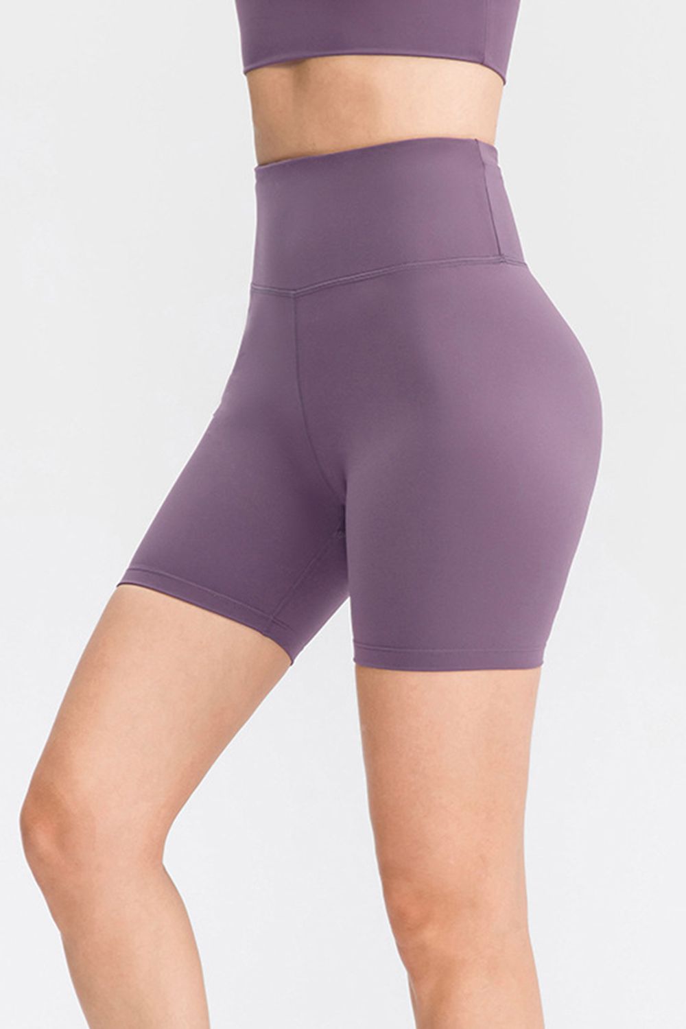 Mauve high-waisted bike shorts with a seamless design and sculpted fit.