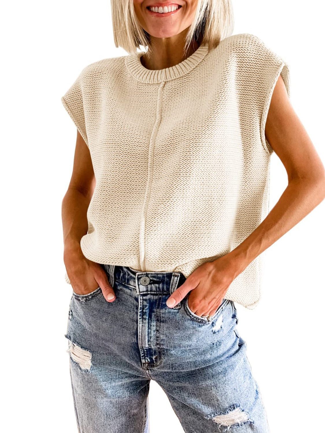 Ivory knit tank top with center seam and crew neckline.