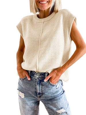 Ivory knit tank top with center seam and crew neckline.