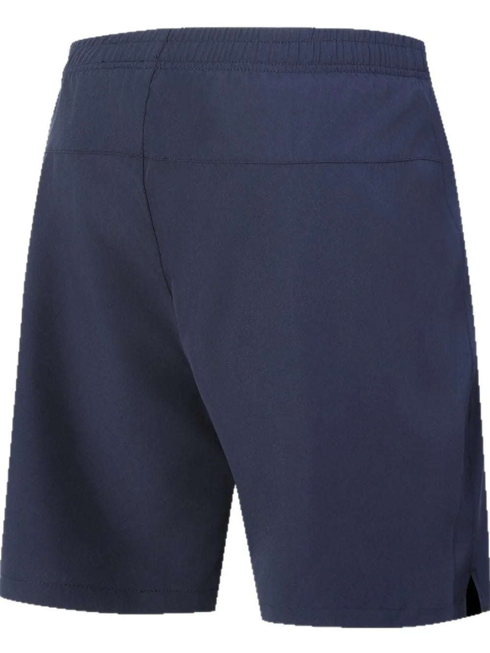 Dark blue men's athletic jogger shorts with elastic waistband and side vents.