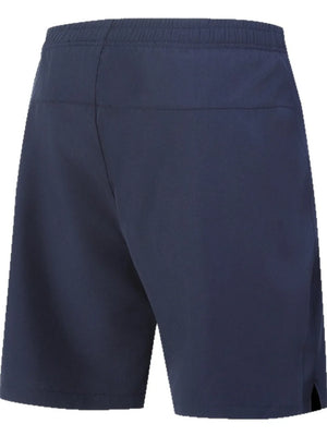 Dark blue men's athletic jogger shorts with elastic waistband and side vents.