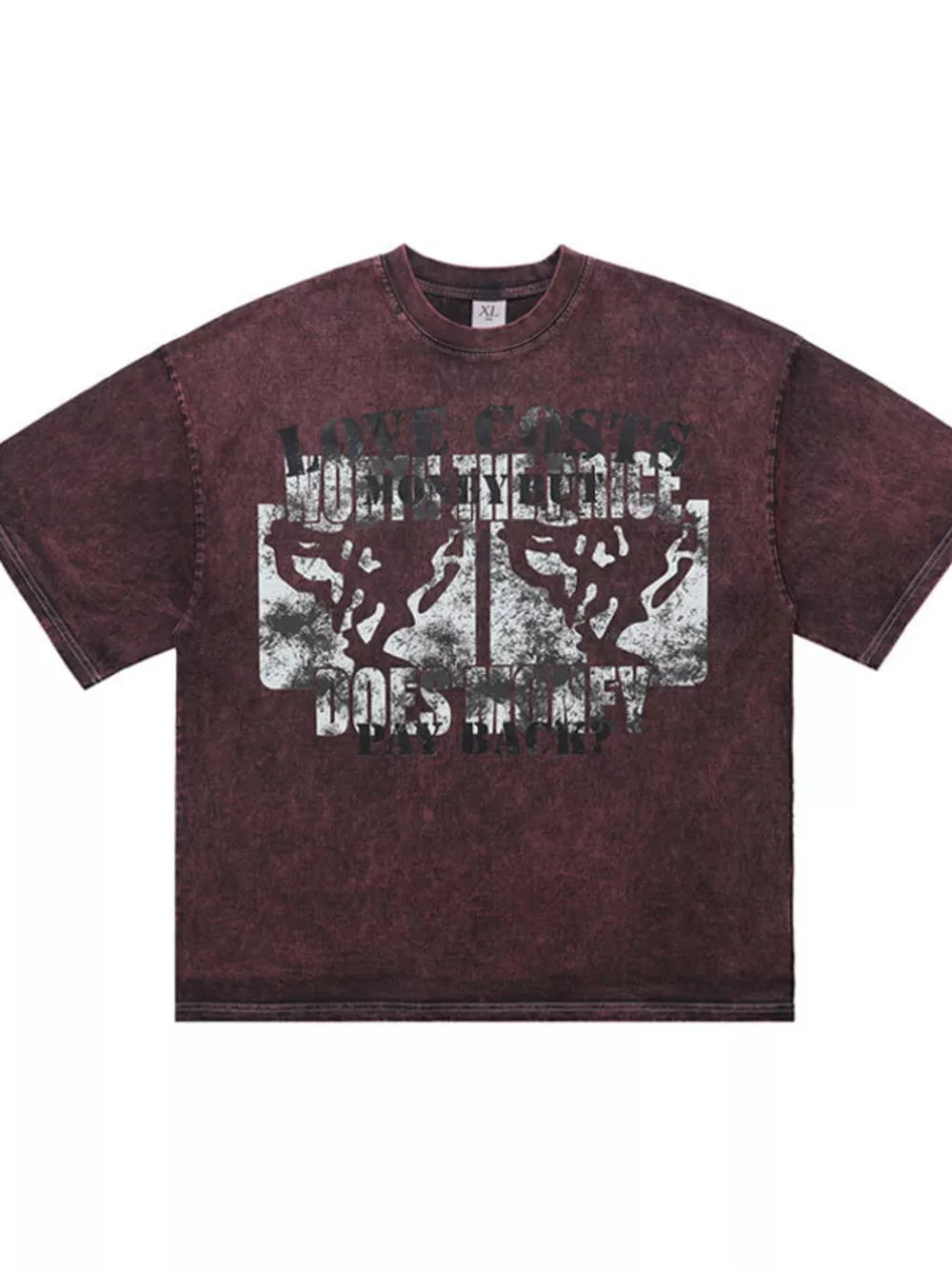 Burgundy graphic t-shirt, relaxed fit, crew neck, cotton, with abstract distressed print.
