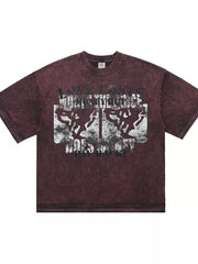 Burgundy graphic t-shirt, relaxed fit, crew neck, cotton, with abstract distressed print.