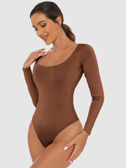 Brown long sleeve second-skin bodysuit with square neckline