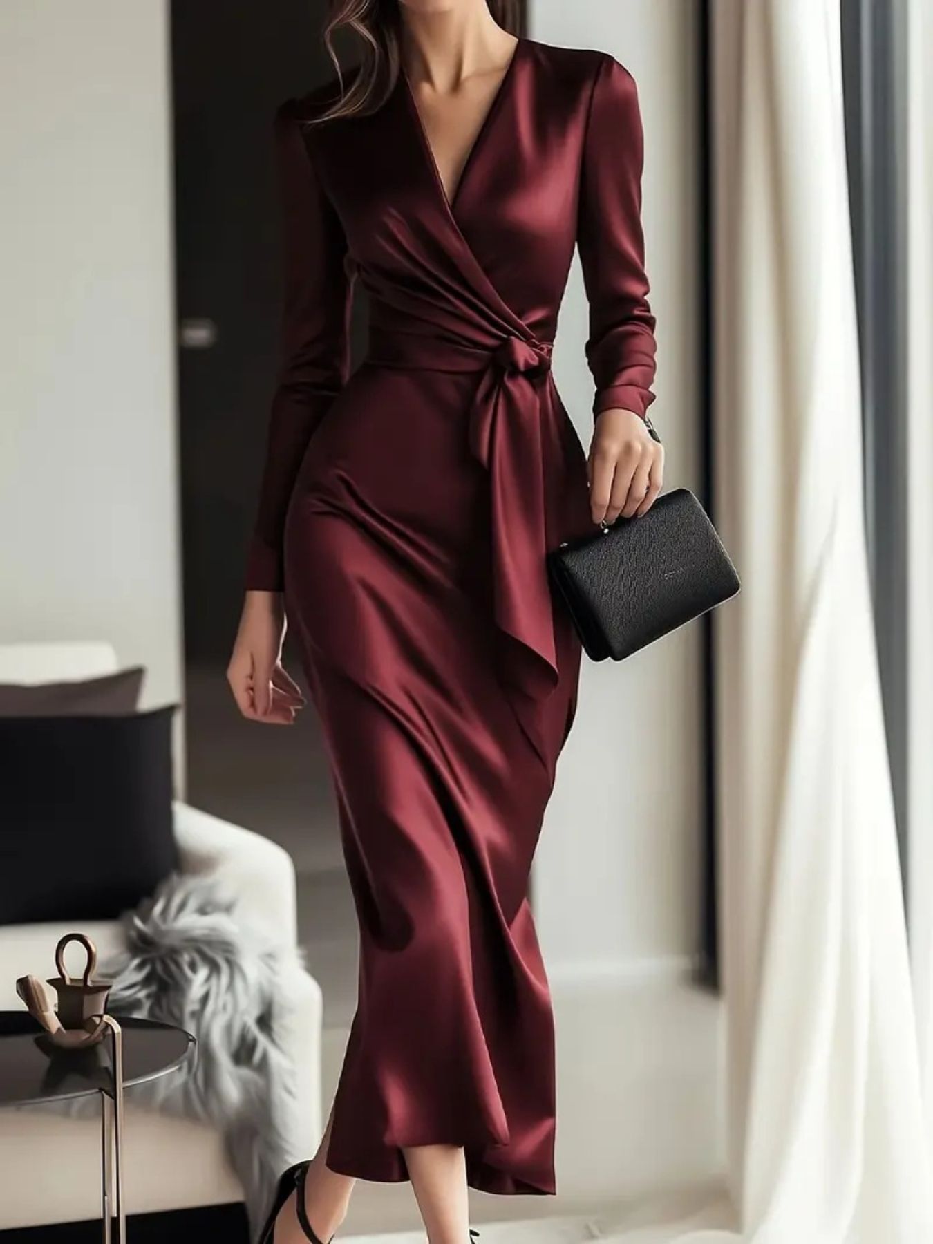 Burgundy satin maternity wrap dress with tie waist and long sleeves.