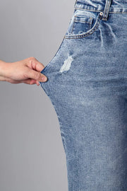 Mid-rise relaxed fit denim jeans with distressed detail and cuffed hem.