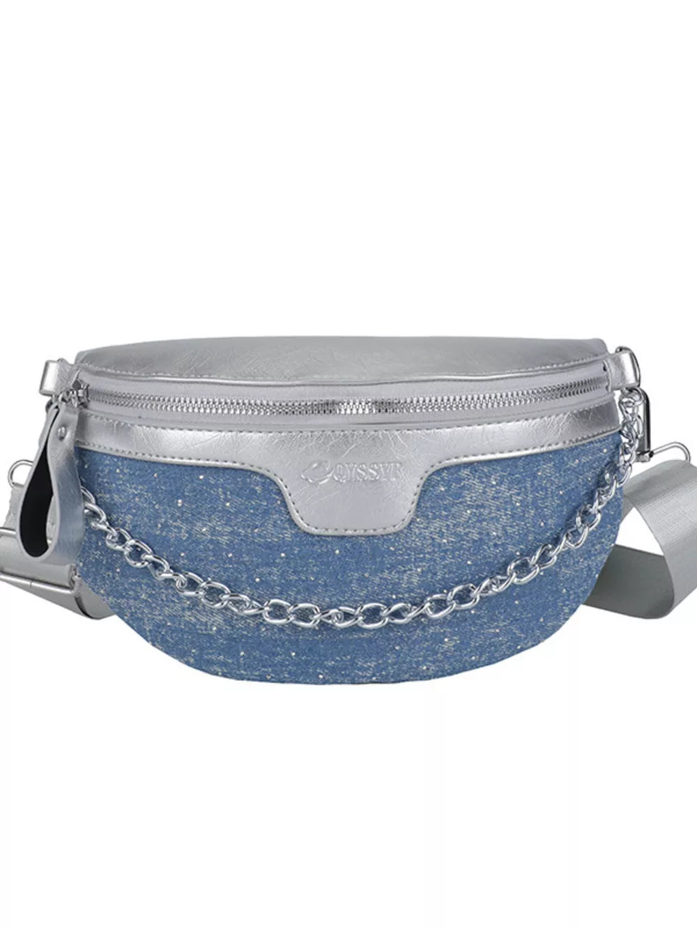 Crescent mini denim crossbody bag with silver accents and chain detail