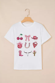 Coquette Cowgirl Elements Printed Relaxed Tee in White, close-up detail