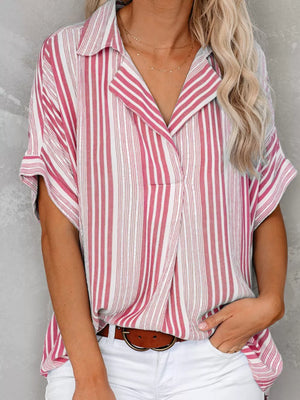 Pink Stripe collared half sleeve shirt with decorative button detail