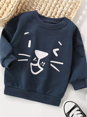 Dark navy crew-neck sweatshirt with a white cartoon cat face design, 100% cotton.
