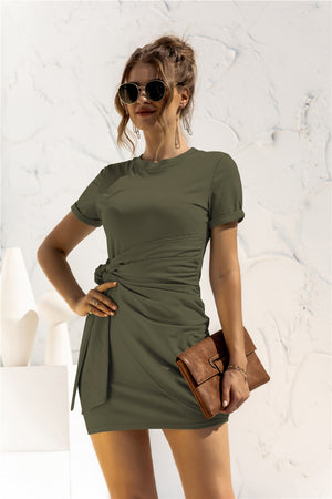 Army green jersey mini dress with short sleeves and a knot-front detail.