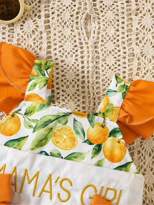 Baby one-piece with orange and lemon print, ruffled sleeves, and embroidered text.