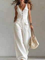 Button-front Denim Wide-leg Jumpsuit in Black, front view