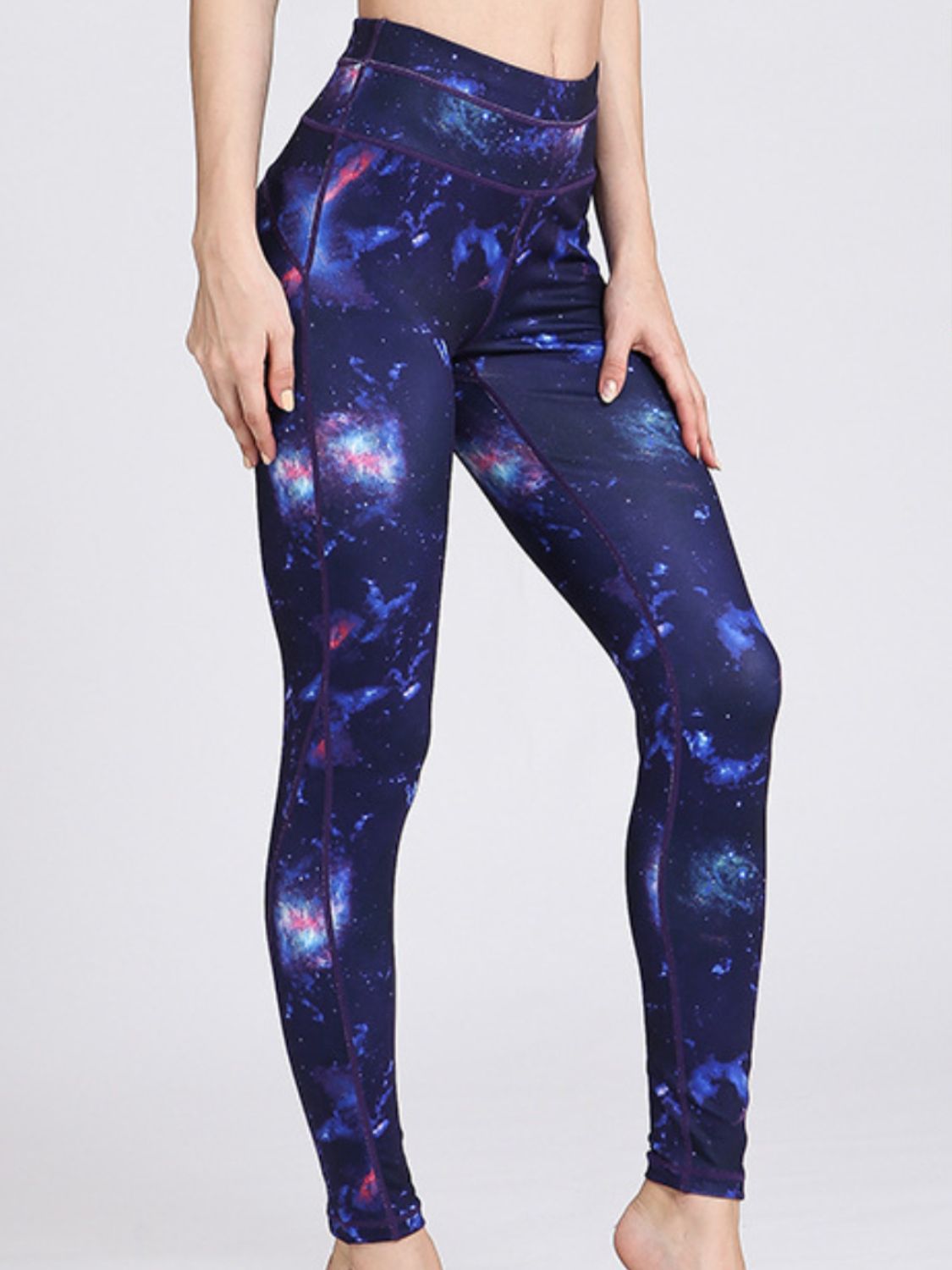 Navy cosmic print contour leggings with piping detail