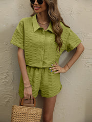 Lime textured resort shirt and shorts set with collared neckline and short sleeves.