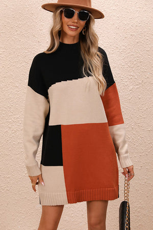 Geometric colorblock knit mini dress with mock neck and long sleeves in black, camel, and rust.