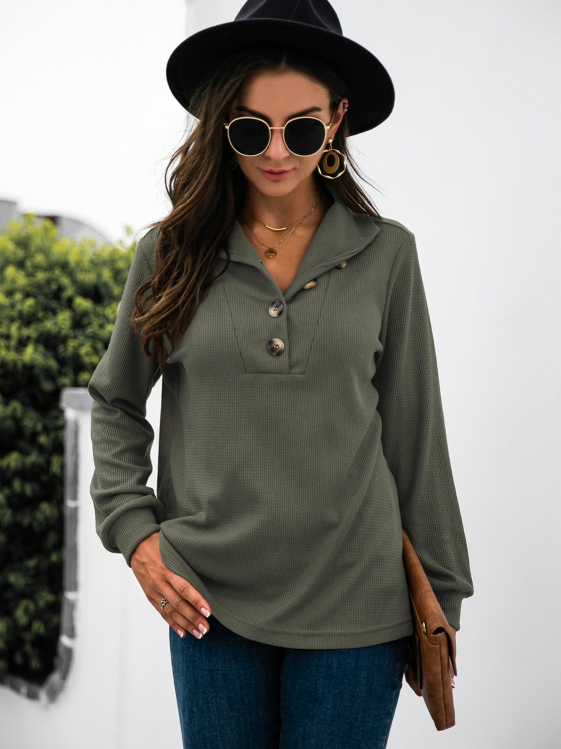 Army green waffle knit long sleeve tee with button collar detail