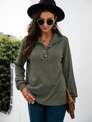 Army green waffle knit long sleeve tee with button collar detail