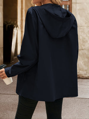 Navy zip-through hooded jacket with a relaxed fit, shown from the back.