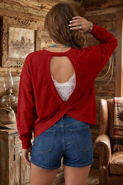 Ribbed Drop Shoulder Cutout Back Sweatshirt in Burgundy, back view