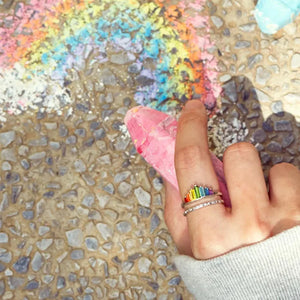Rainbow prism stacked sterling ring set with colorful stones and a silver band.