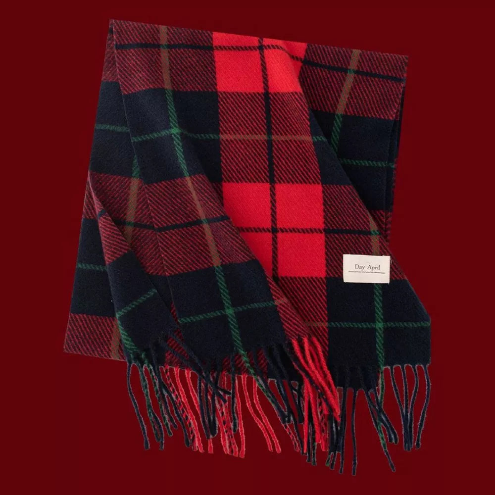 Red, navy, and green plaid scarf with fringe details.