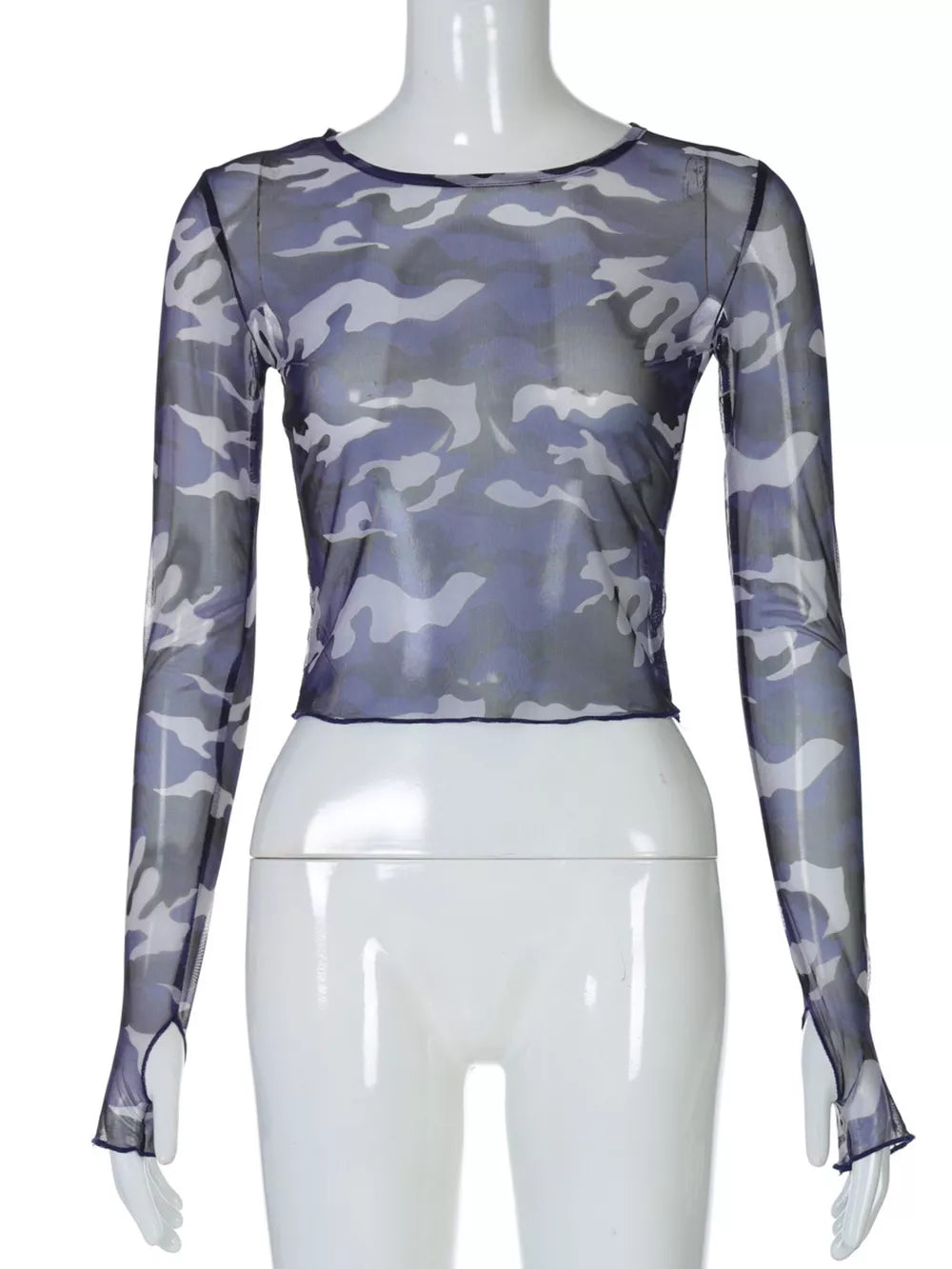 Sheer camouflage long sleeve cropped t-shirt with thumbholes in blue.