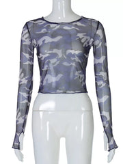 Sheer camouflage long sleeve cropped t-shirt with thumbholes in blue.