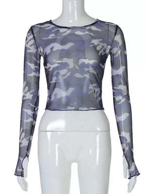 Sheer camouflage long sleeve cropped t-shirt with thumbholes in blue.