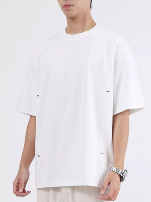 White cotton crew neck oversized t-shirt with subtle stitch details on sides