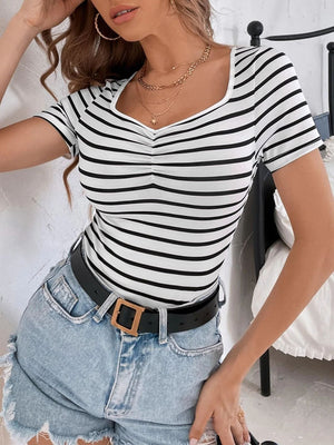 Ruched bust Breton top in white and black stripes with a square neckline and short sleeves.