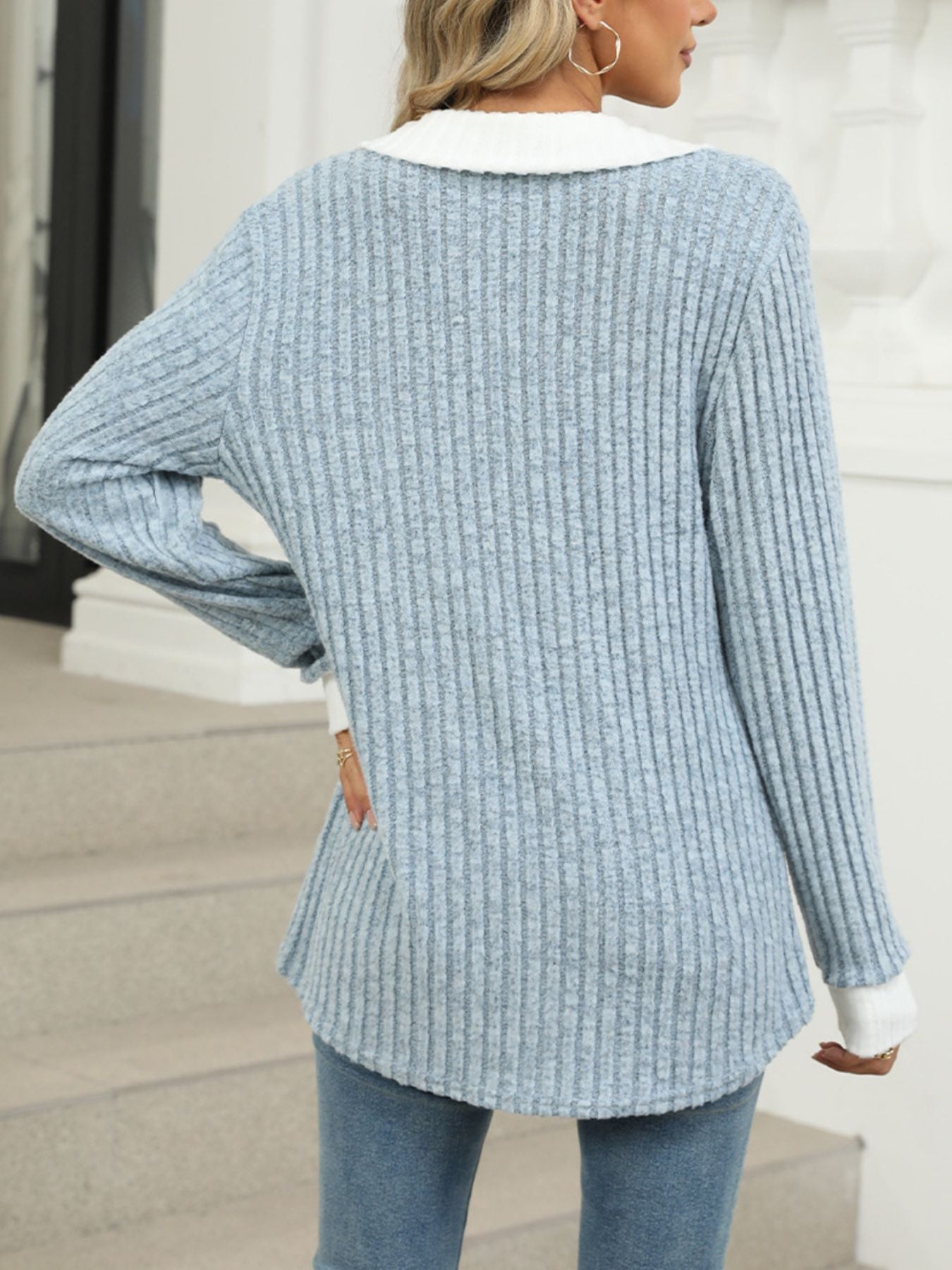 Light blue ribbed knit long sleeve t-shirt with white collar detail