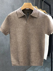 Brown textured knit slim fit polo shirt with short sleeves and a spread collar.