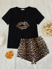 Black leopard lip tee and shorts pajama set